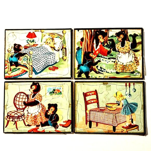 Set 4 Vtg Child's Inlay Puzzles (5.5" x 7.5", Est. 1950s) ~ Goldilocks & 3 Bears - Picture 1 of 12